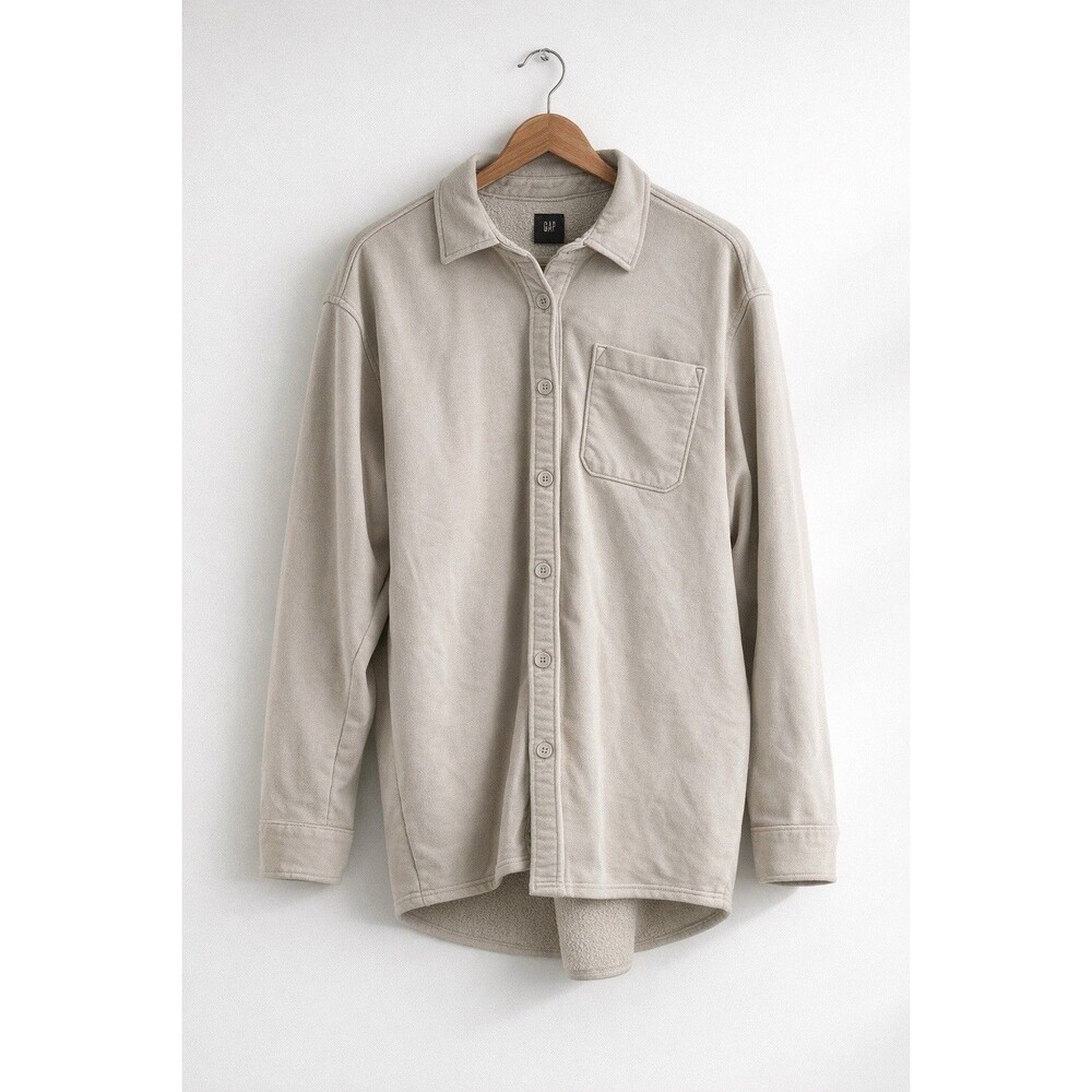 ✿ GAP Beige Fleece Shirt Jacket L Cotton Blend Button Up Overshirt Pocket Casual